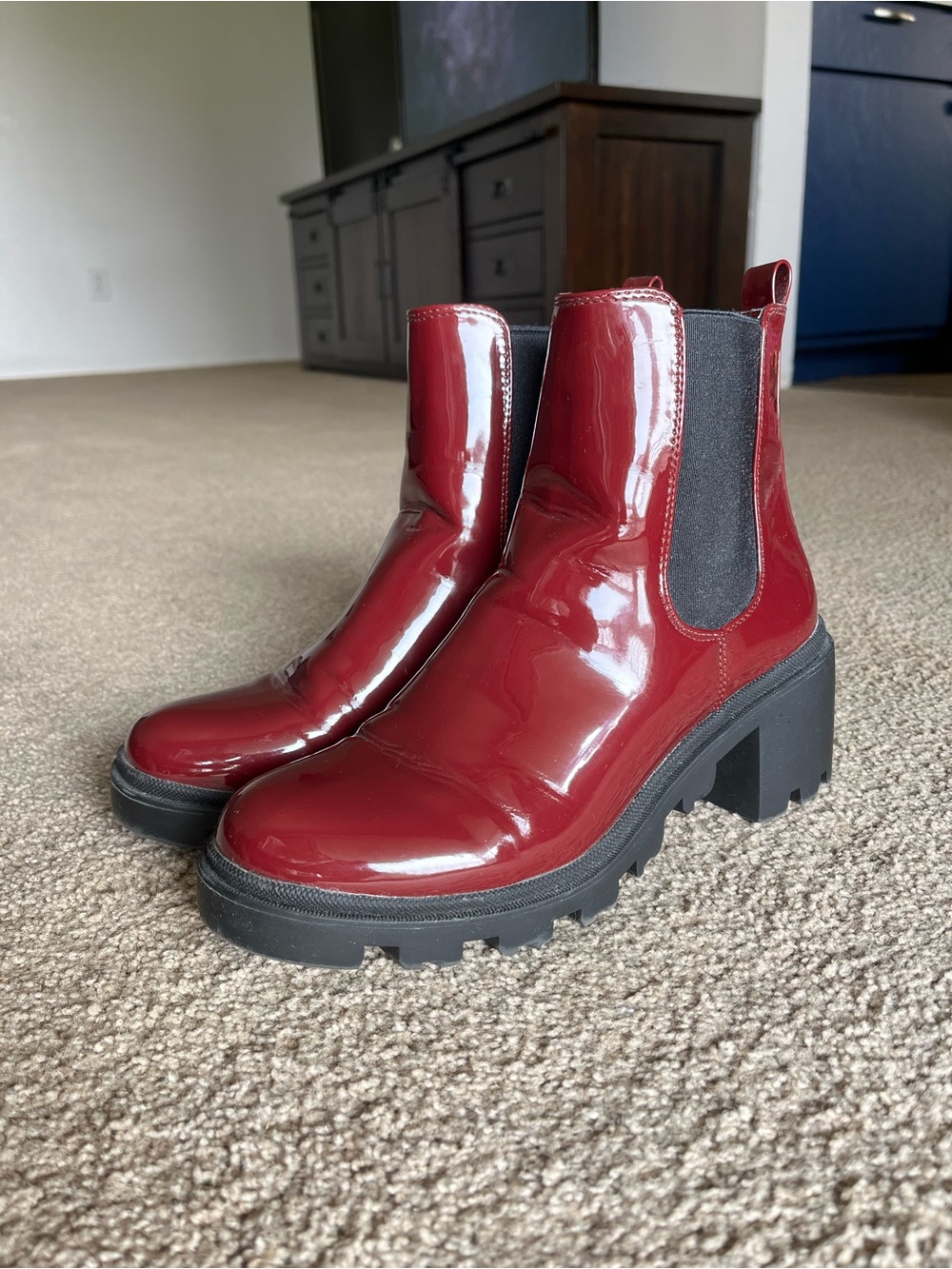 Women's Burgundy Patent Chunky Chelsea Boots